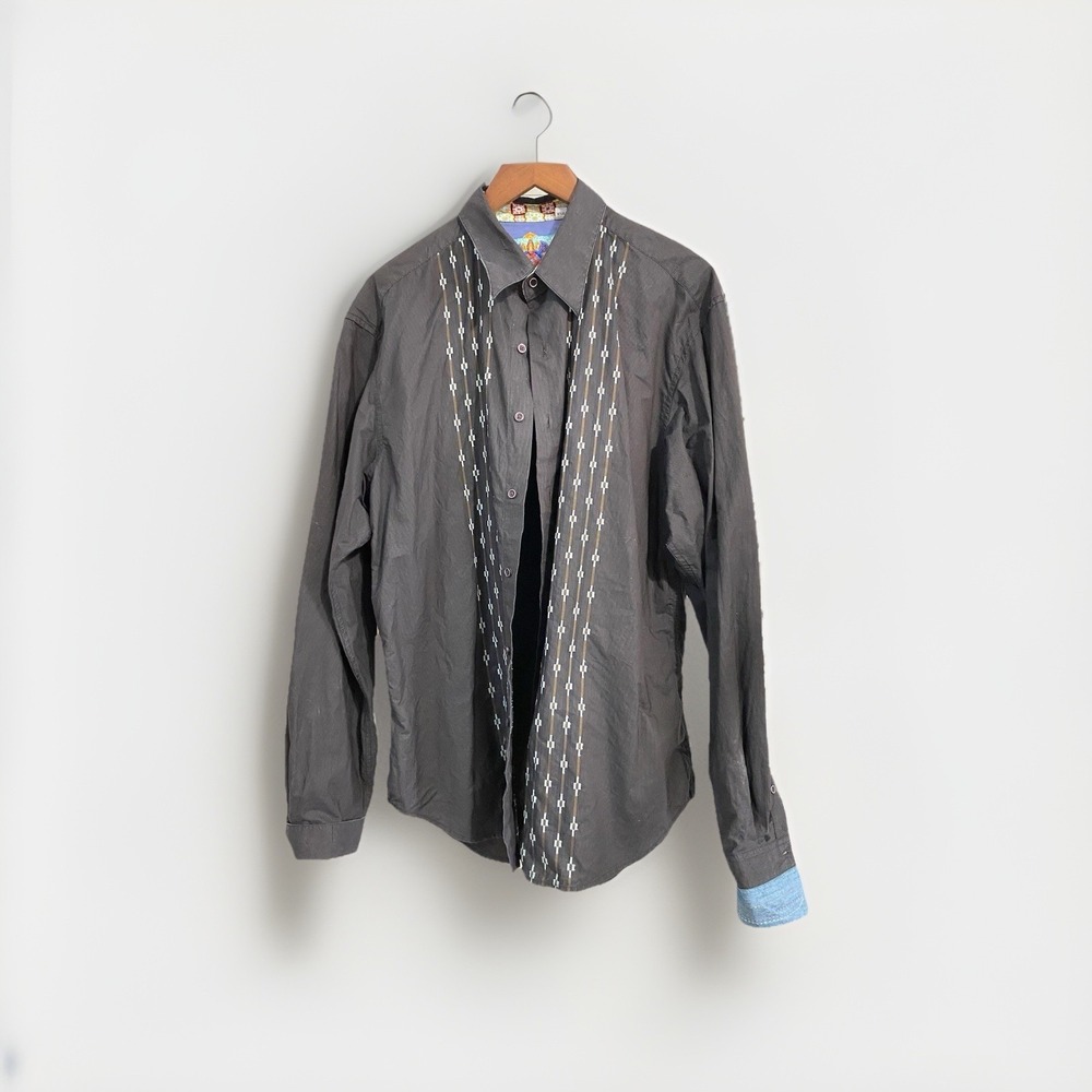 Robert Graham Mens XL Charcoal Grey Pinstripe Embroidered Long Sleeve Shirt Silk